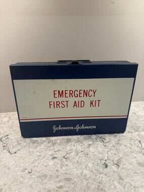 Vintage Johnson & Johnson First Aid Kit Complete Metal Wall Case w/ Contents